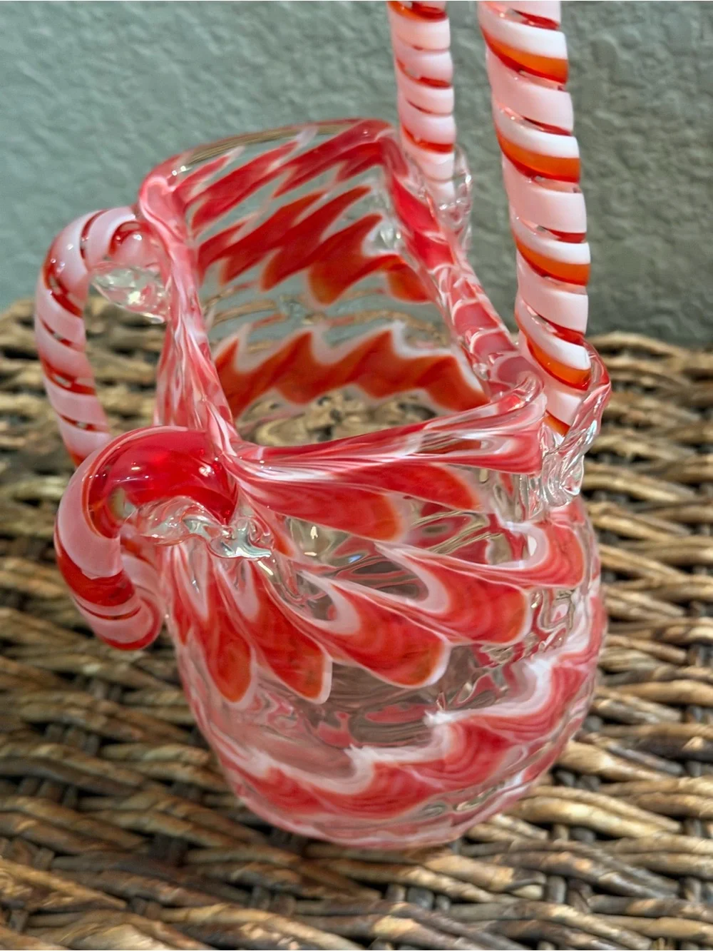 Hand Blown Art Glass Purse Sculpture Pink Red Candy Stripe Handbag Decorative